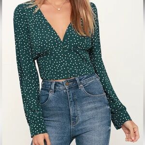 Lulus Love Always Forest Green Polka Dot Long Sleeve Crop Top